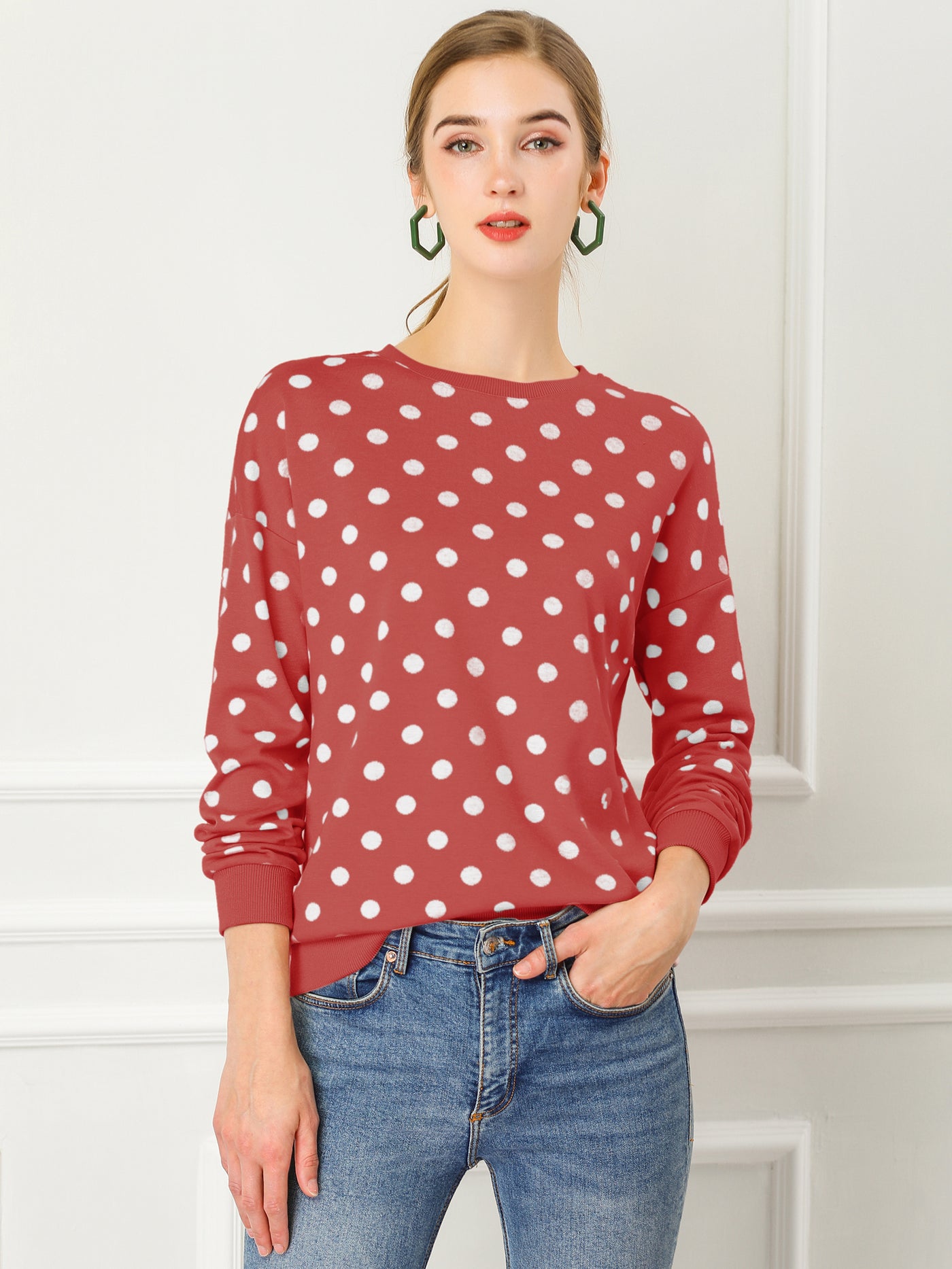 Allegra K Winter Knitted Pullover Sweatshirt Long Sleeve Polka Dot Sweater