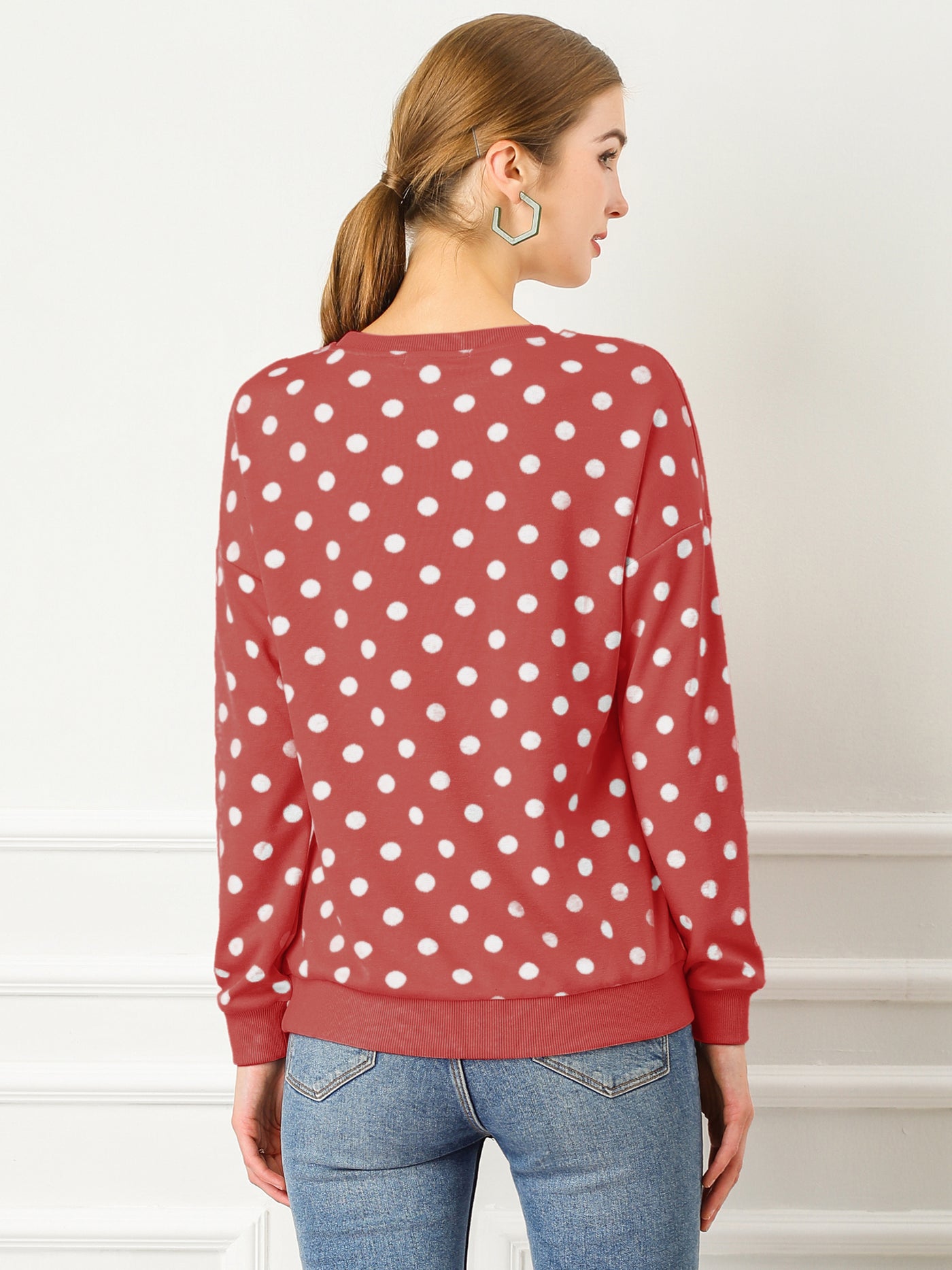 Allegra K Winter Knitted Pullover Sweatshirt Long Sleeve Polka Dot Sweater