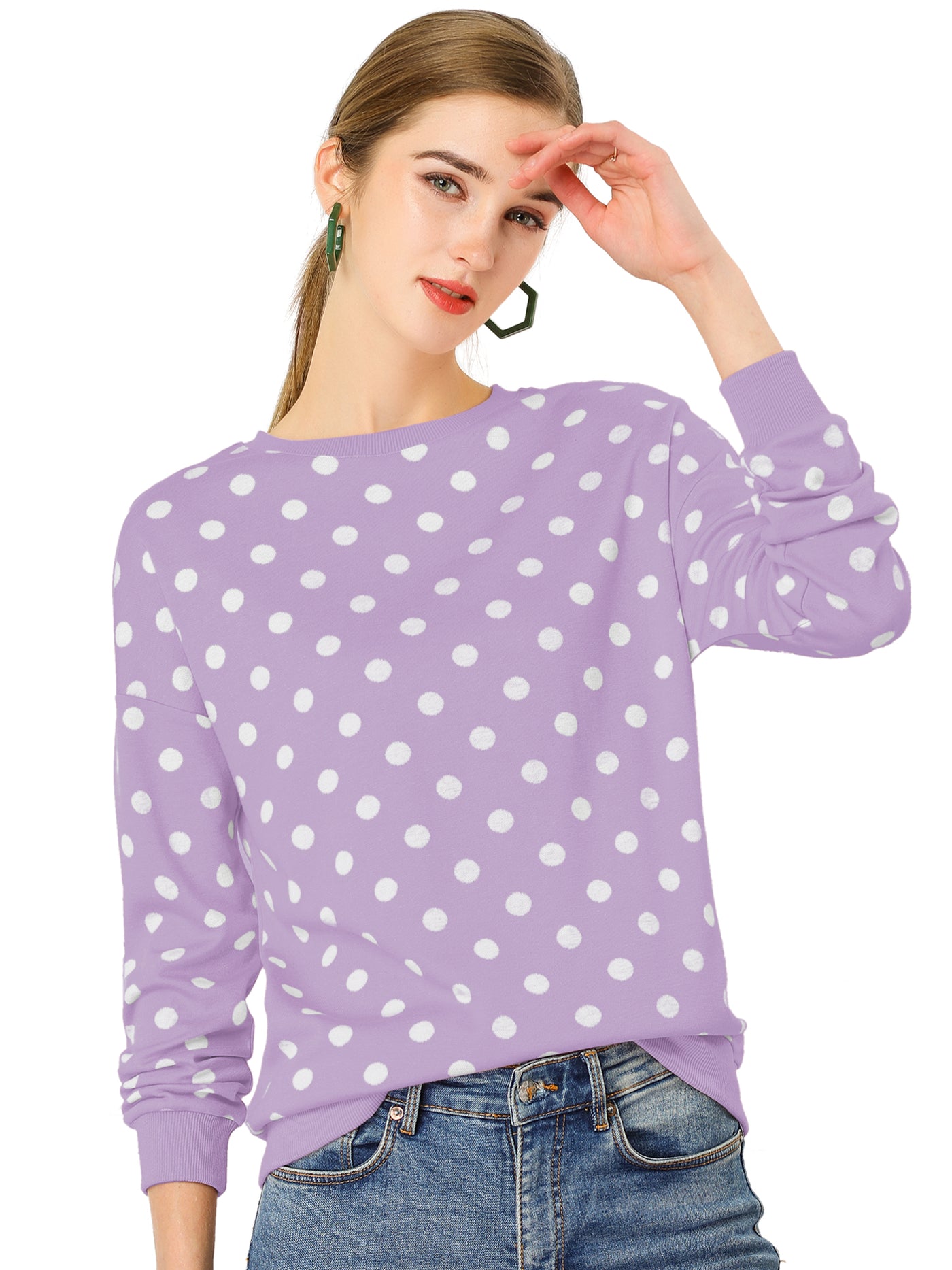 Allegra K Winter Knitted Pullover Sweatshirt Long Sleeve Polka Dot Sweater