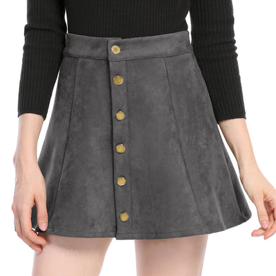 Faux Suede Button Closure A-Line High Waisted Short Skirt