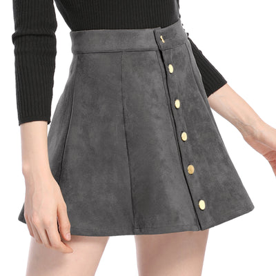 Faux Suede Button Closure A-Line High Waisted Short Skirt