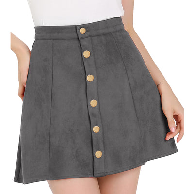 Faux Suede Button Closure A-Line High Waisted Short Skirt