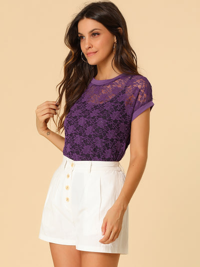 Lace Floral Curved Hem Short Sleeve See Through Blouse