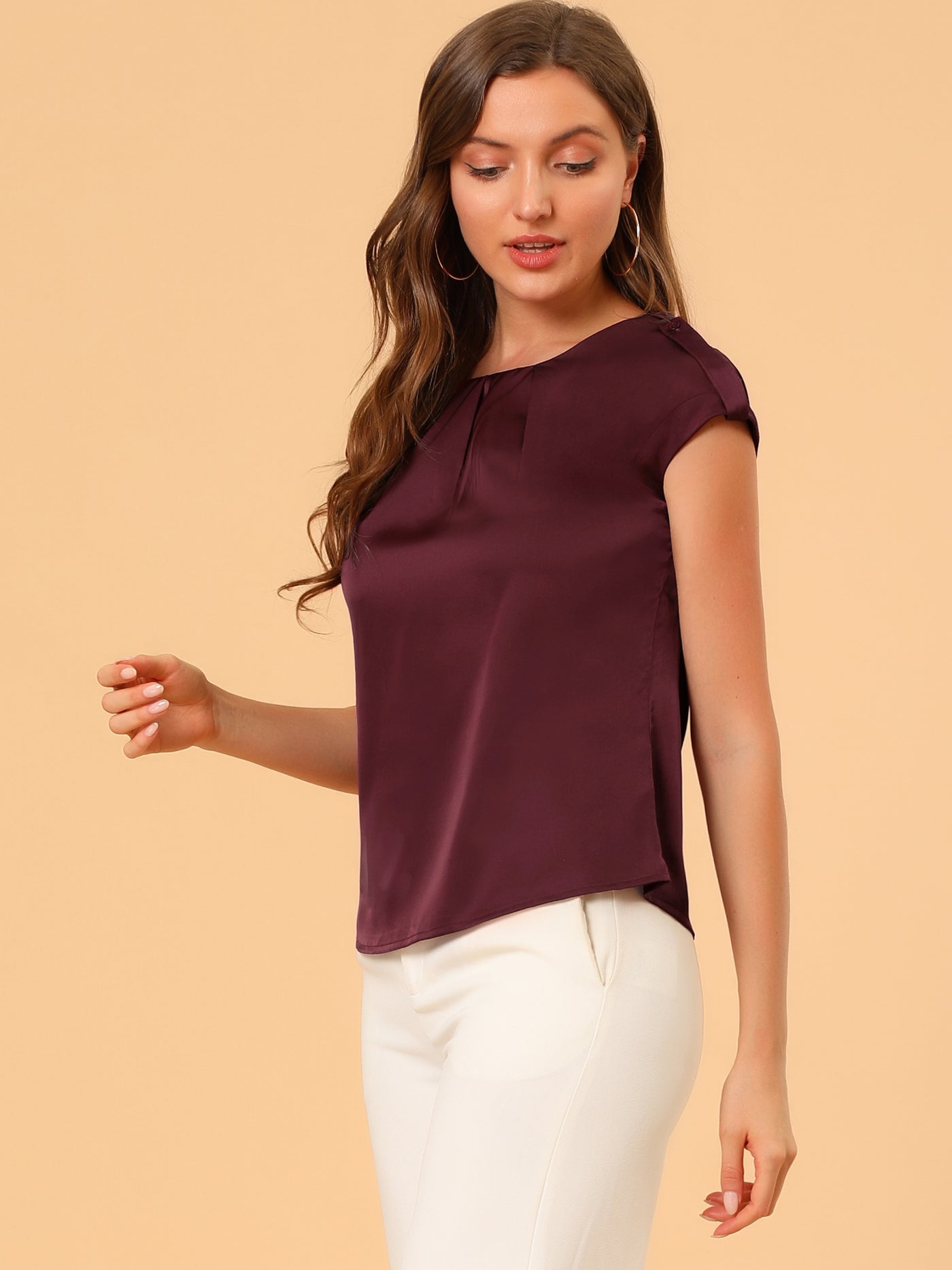 Allegra K Satin Cap Sleeve Top Pleated Casual Work Office Blouse