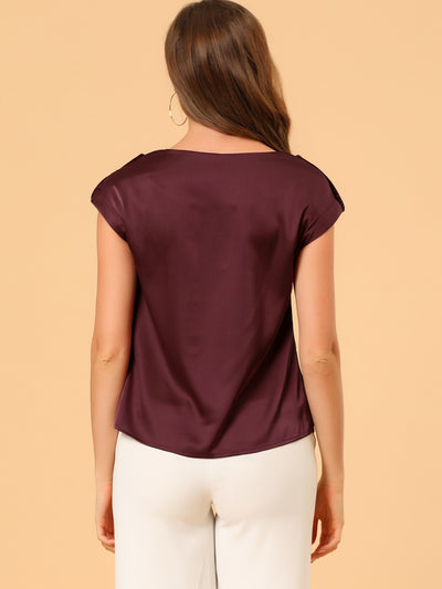 Satin Cap Sleeve Top Pleated Casual Work Office Blouse