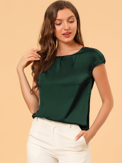 Satin Cap Sleeve Top Pleated Casual Work Office Blouse