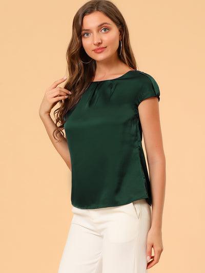 Satin Cap Sleeve Top Pleated Casual Work Office Blouse