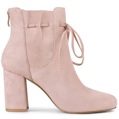 Lace Up Round Toe Drawstring Block Heel Ankle Boots