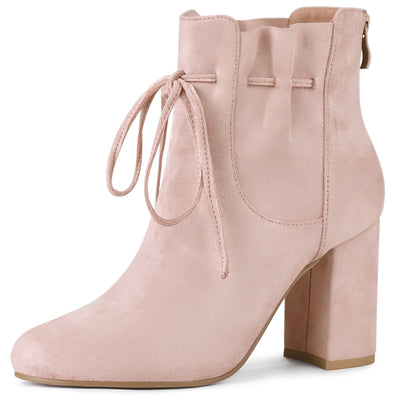 Lace Up Round Toe Drawstring Block Heel Ankle Boots