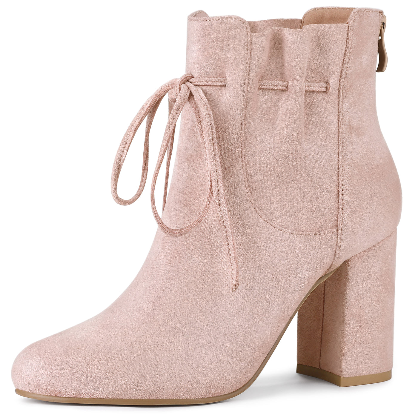 Allegra K Lace Up Round Toe Drawstring Block Heel Ankle Boots