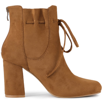 Lace Up Round Toe Drawstring Block Heel Ankle Boots