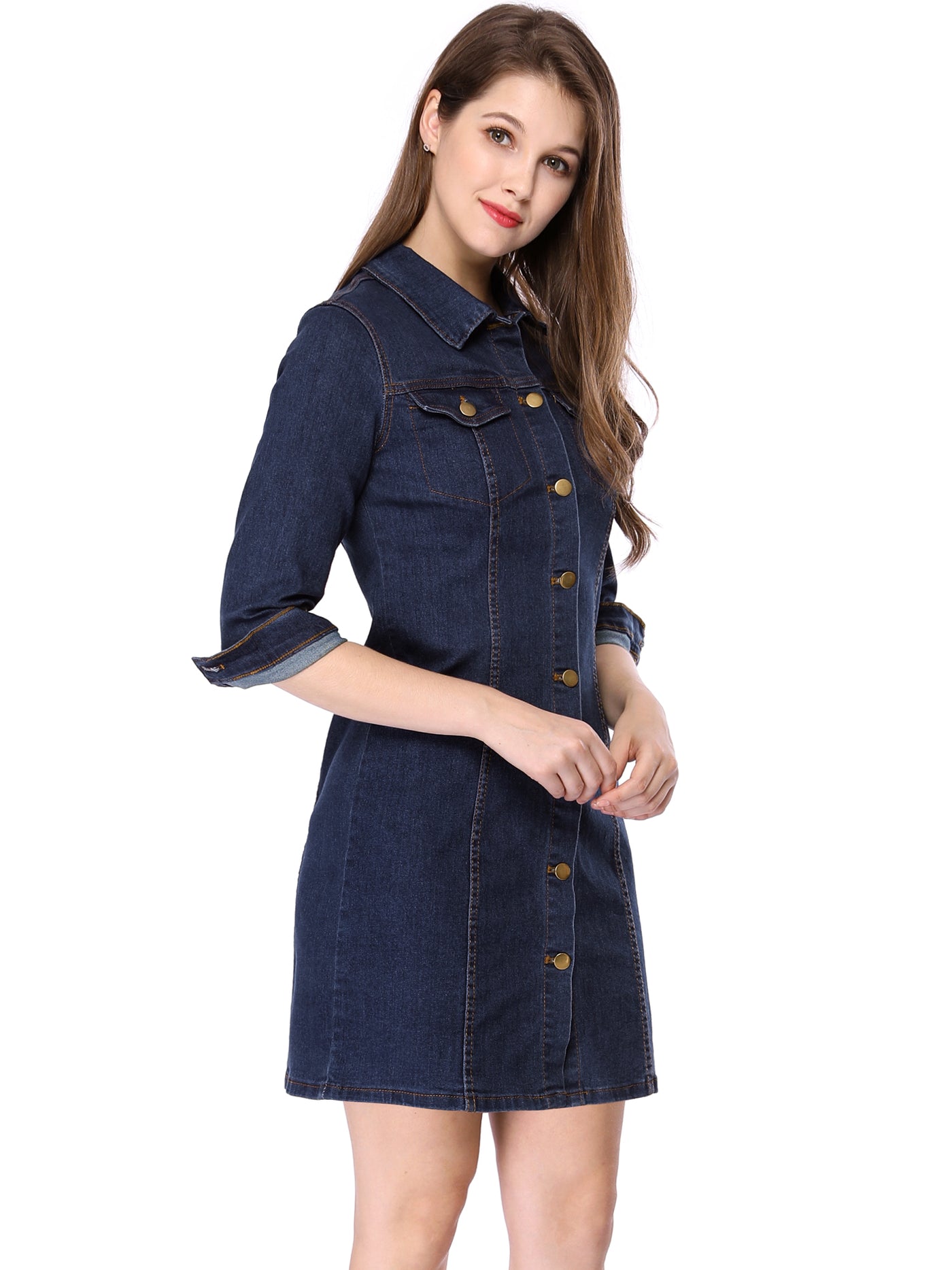 Allegra K 3/4 Sleeve Button Down Denim Shirt Dress