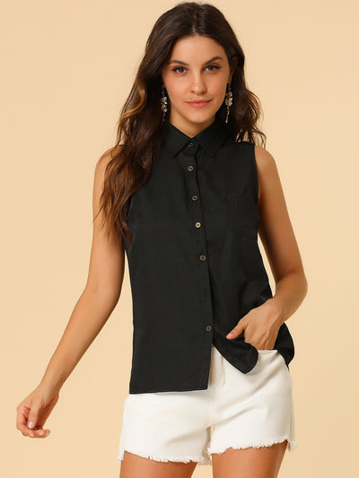 Denim Collar Button Down Casual Office Sleeveless Shirt