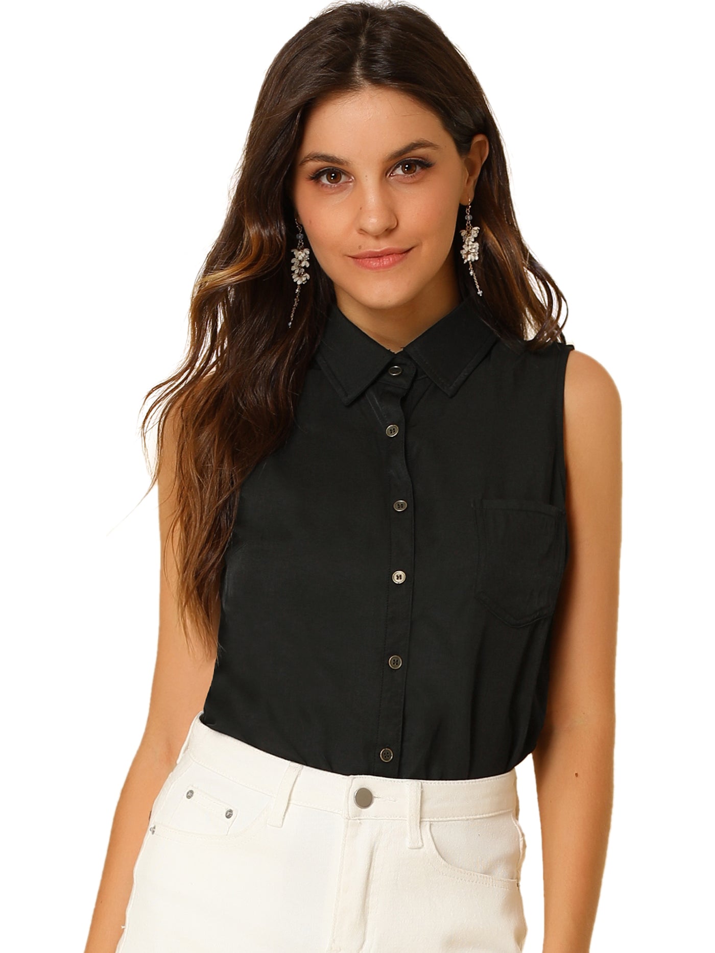 Allegra K Lapel Single Breasted Casual Office Sleeveless Shirt