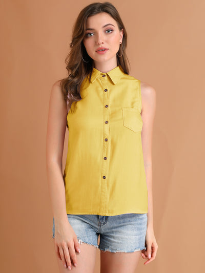 Denim Collar Button Down Casual Office Sleeveless Shirt