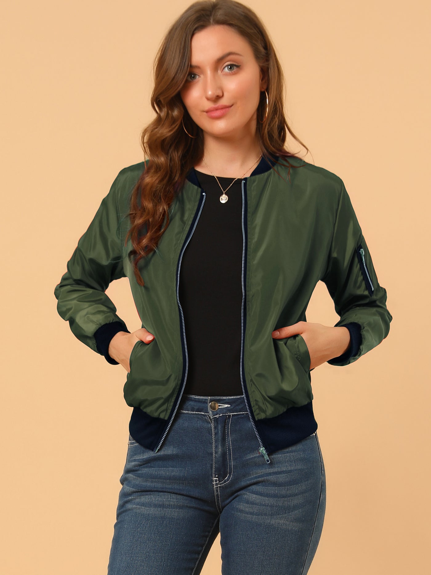Allegra K Women's Casual Lightweight Zip-Up Bomber Jacket with Pockets Dark  Green Small