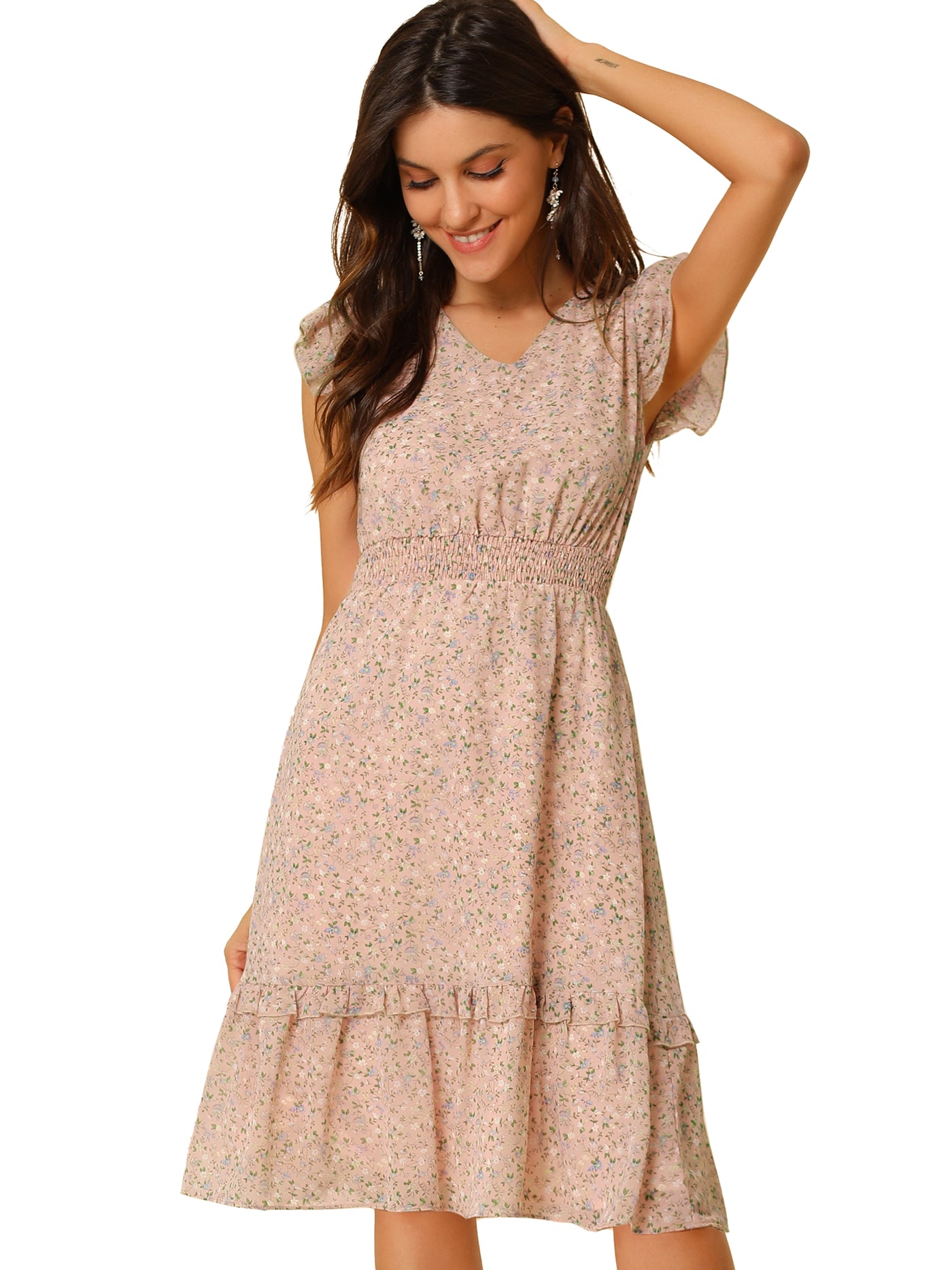 Allegra K Floral Flutter Sleeve V Neck Smocked Ruffle Dress