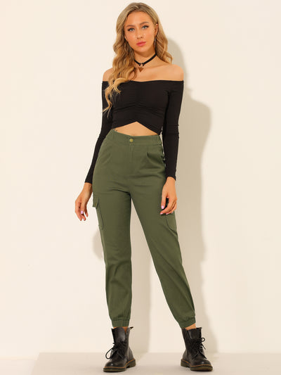 High Waist Utility Stretch Twill Cargo Pants Pockets Trousers