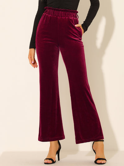 Allegra K Velvet Tie Waist Pockets Stretchy Wide Leg Pants