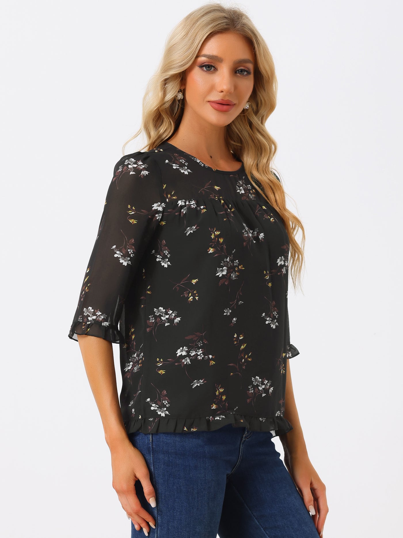 Allegra K Casual Ruffle 3/4 Sleeve Floral Print Chiffon Blouse