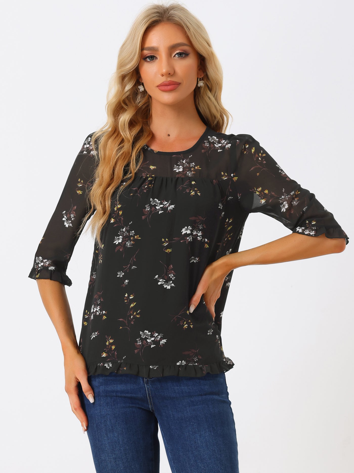 Allegra K Casual Ruffle 3/4 Sleeve Floral Print Chiffon Blouse