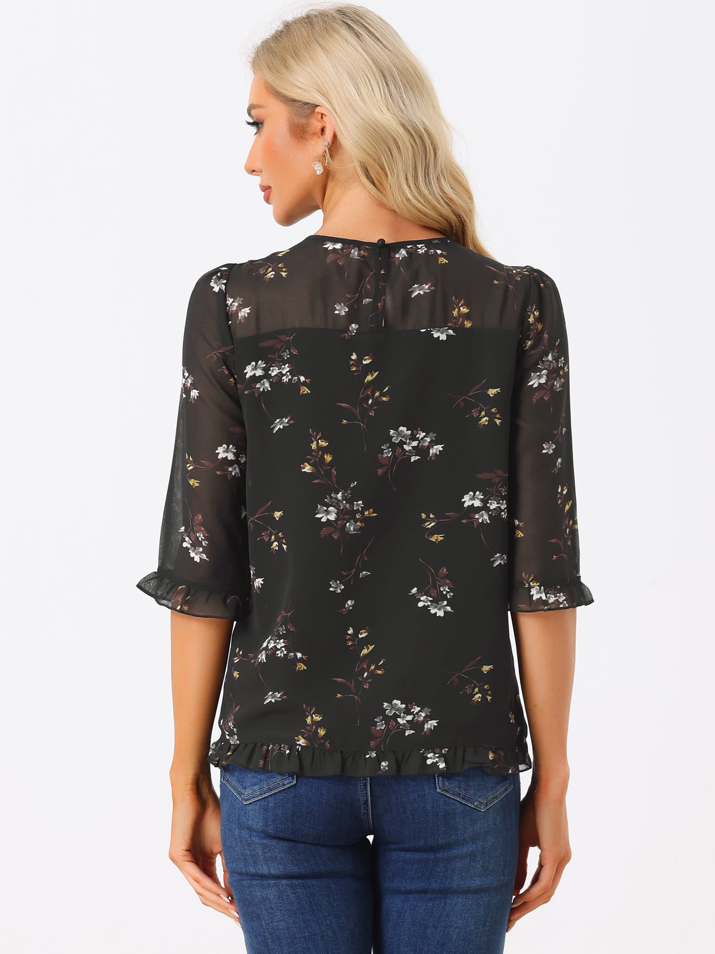 Allegra K Casual Ruffle 3/4 Sleeve Floral Print Chiffon Blouse