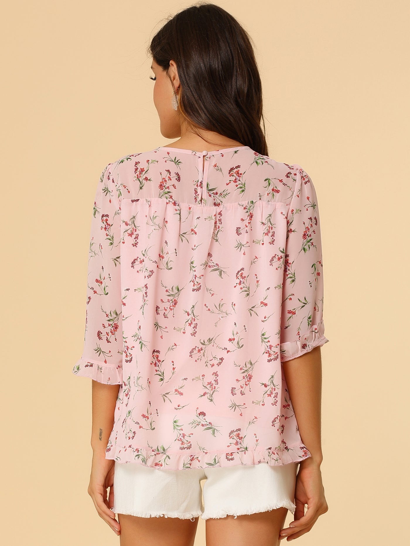 Allegra K Casual Ruffle 3/4 Sleeve Floral Print Chiffon Blouse