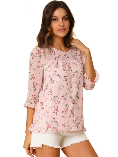 Casual Ruffle 3/4 Sleeve Floral Print Chiffon Blouse