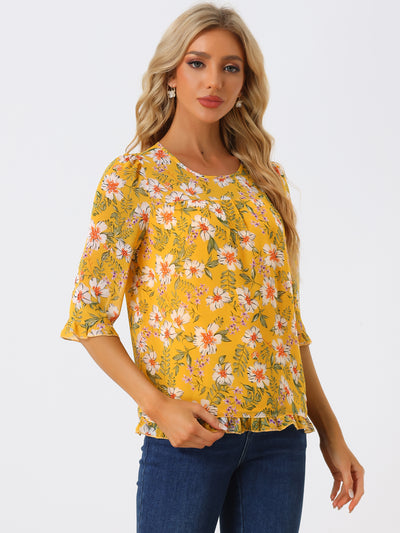 Casual Ruffle 3/4 Sleeve Floral Print Chiffon Blouse