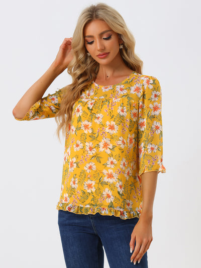 Casual Ruffle 3/4 Sleeve Floral Print Chiffon Blouse