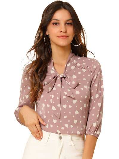 Printed Ruffle Shoulder Elastic Cuff Bow Tie Neck Blouse