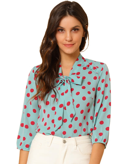 Printed Ruffle Shoulder Elastic Cuff Bow Tie Neck Blouse