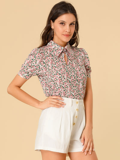 Elegant Turndown Collar Summer Puff Sleeve Vintage Floral Blouse