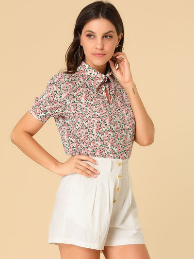 Elegant Turndown Collar Summer Puff Sleeve Vintage Floral Blouse