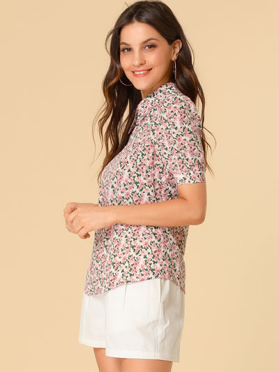 Elegant Turndown Collar Summer Puff Sleeve Vintage Floral Blouse