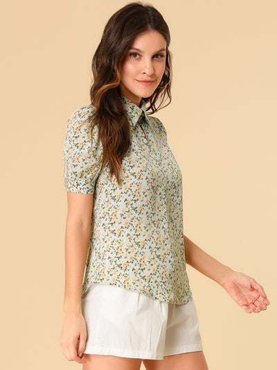 Elegant Turndown Collar Summer Puff Sleeve Vintage Floral Blouse