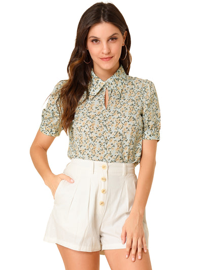 Elegant Turndown Collar Summer Puff Sleeve Vintage Floral Blouse