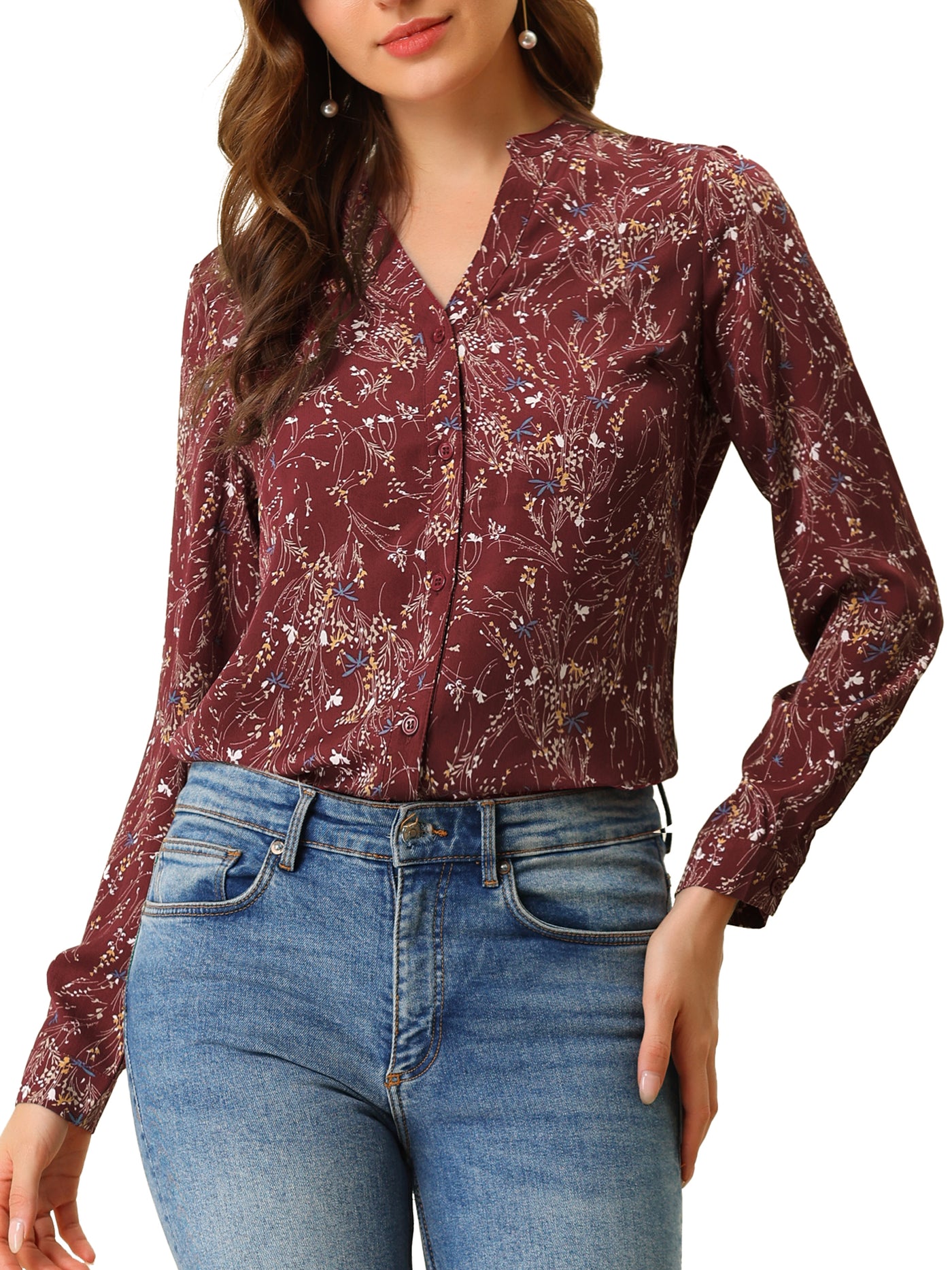 Allegra K Chiffon Floral Tops V Neck Long Sleeve Button-Up Blouse Shirt