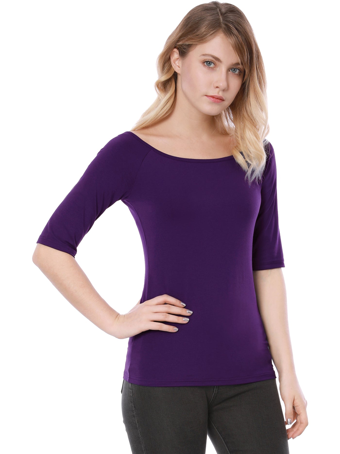 Allegra K Scoop Neck Half Sleeves Fitted Layering Soft T-Shirt