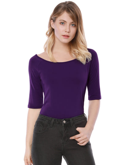 Scoop Neck Half Sleeves Fitted Layering Soft T-Shirt