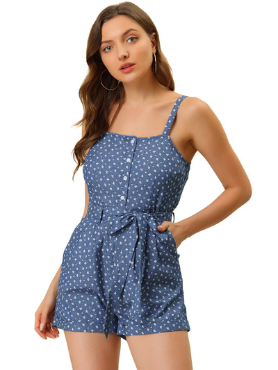 Short Overalls Chambray Sleeveless Jumpsuit Casual Print Rompers