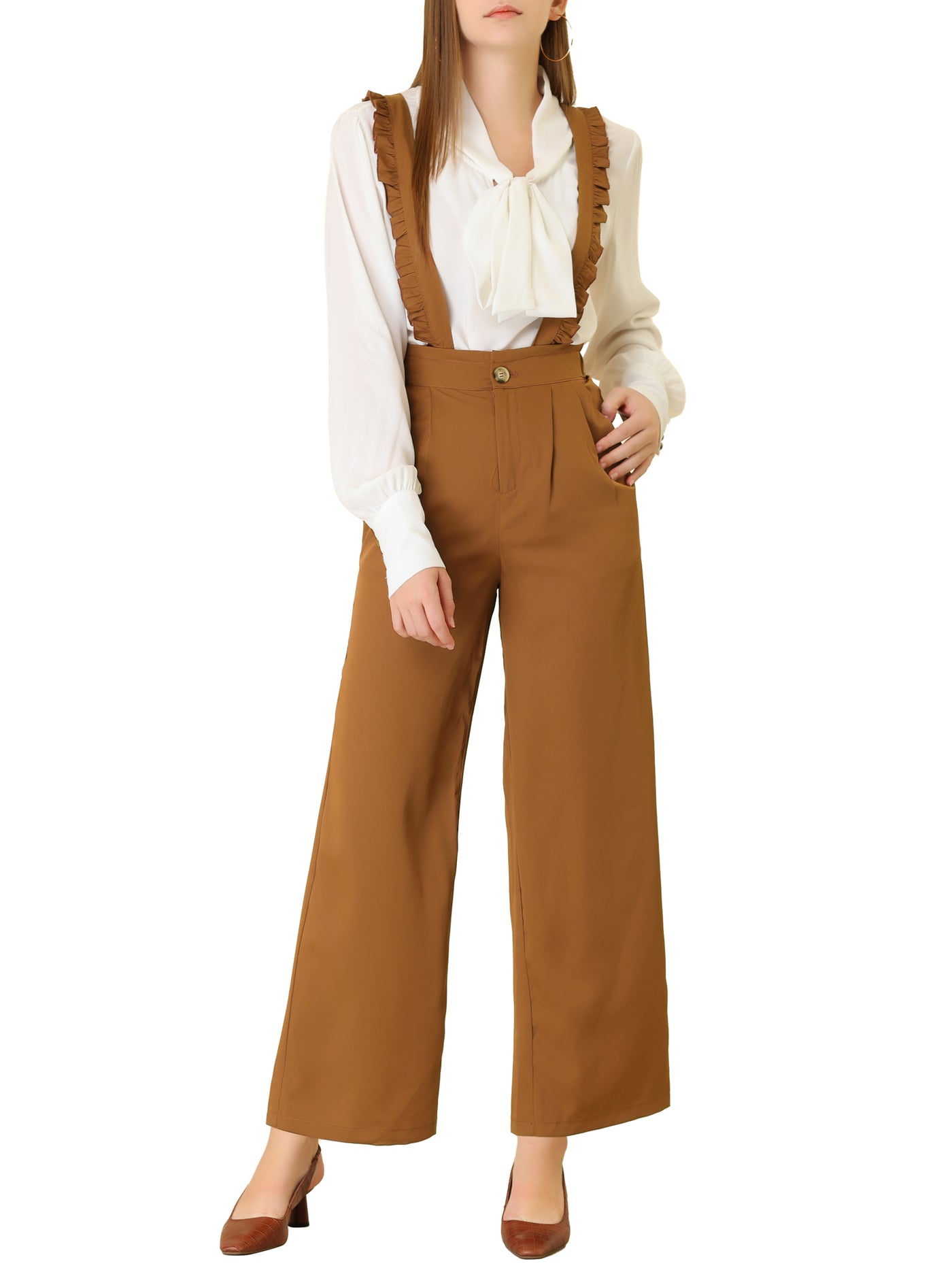High Waist Ruffled Suspender Overalls Office Wide Leg Ankle Pants