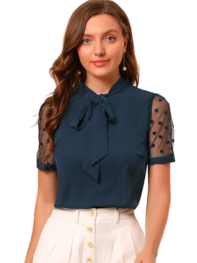 Bow Tie V Neck Stand Collar Short Mesh Sleeve Blouse