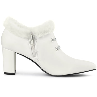 Block Heel Pointed Toe Faux Fur Ankle Booties