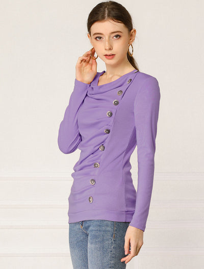 Buttons Decor Cowl Neck Long Sleeve Ruched Top
