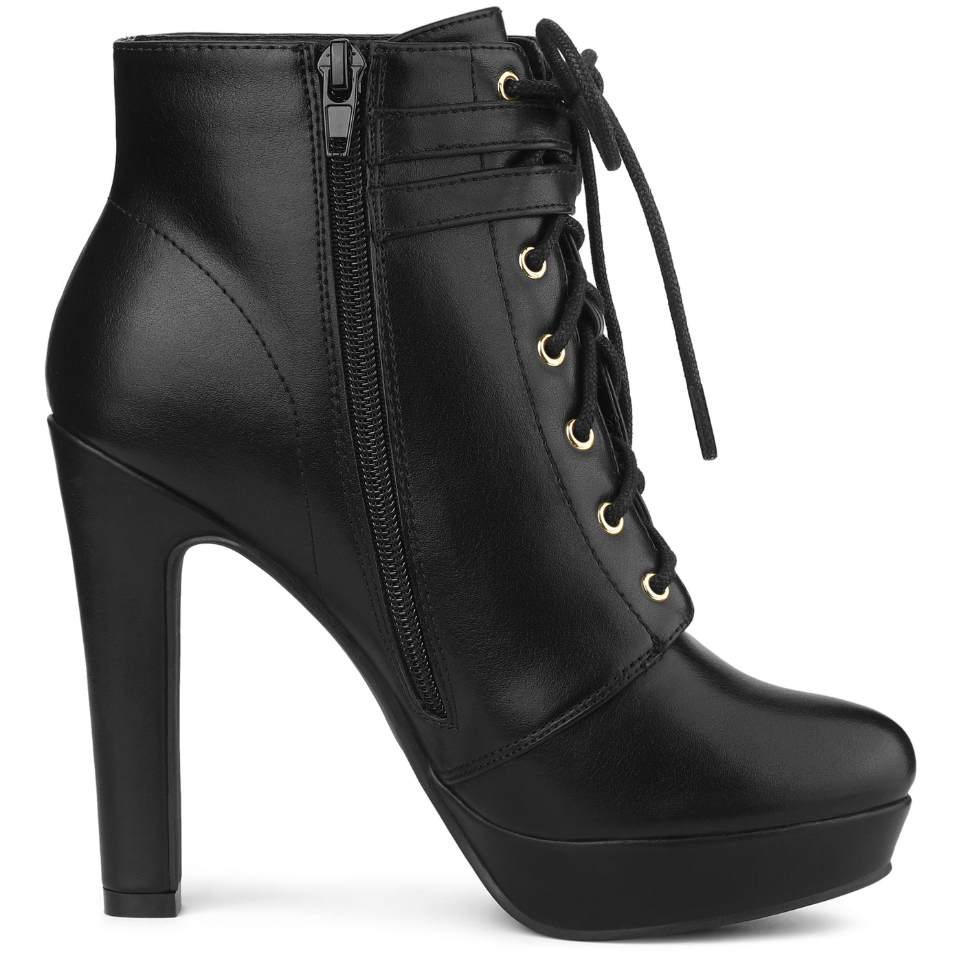 Allegra K Faux Leather Lace-Up Strap Platform Block Heel Ankle Boots