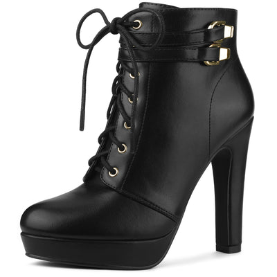 Faux Leather Lace-Up Strap Platform Block Heel Ankle Boots