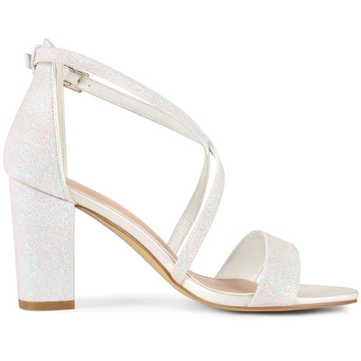 Glitter Crisscross Strap Block Heel Sandals