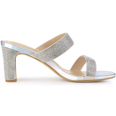 Square Open Toe Rhinestone Chunky Heel Slide Sandals