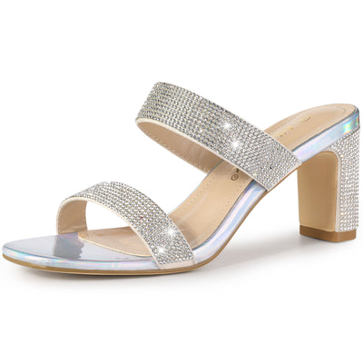 Square Open Toe Rhinestone Chunky Heel Slide Sandals